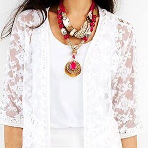 NEW! Chico's Embroidered Fringe Summer Open Front Cardigan Size M